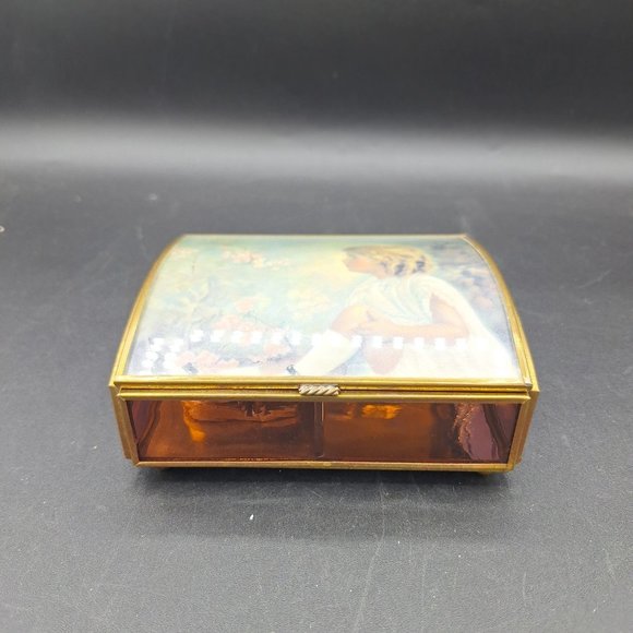 VINTAGE VIA VERMONT LTD GLASS & BRASS GIRL FLOWERS BIRD MUSIC JEWELRY BOX - Picture 6 of 14
